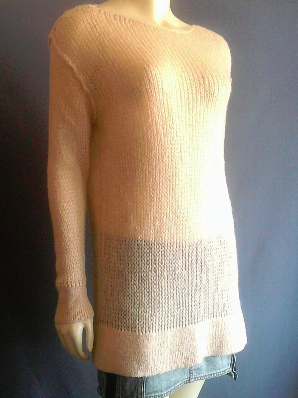 Free People Petal Pink Fuzzy Mohair Open Knit Long Slim Sweater Sm